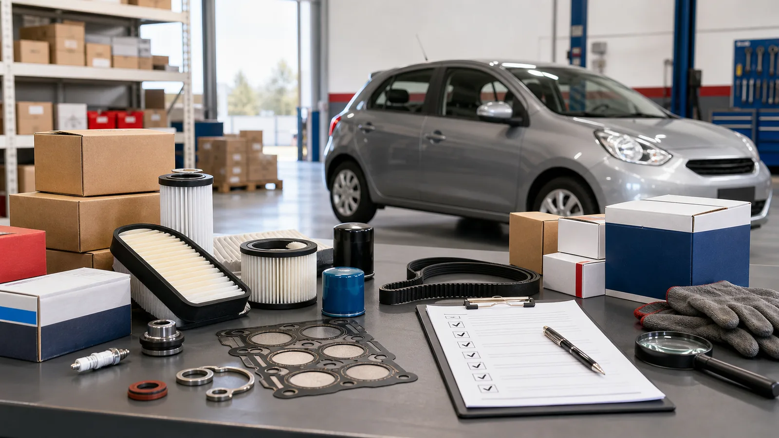Generated workshop scene with Nissan March and Tida service parts, filters, belts, gaskets, boxes, and an export fitment checklist