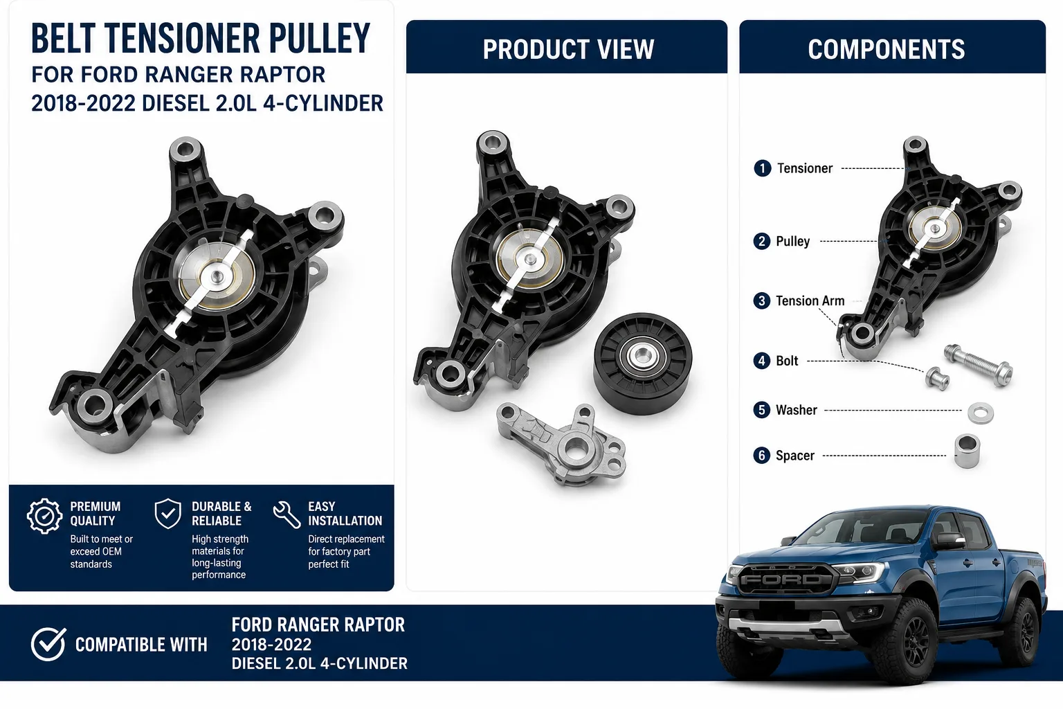 JB3Q-6A228-AA belt tensioner pulley assembly for Ford Ranger Raptor 2.0