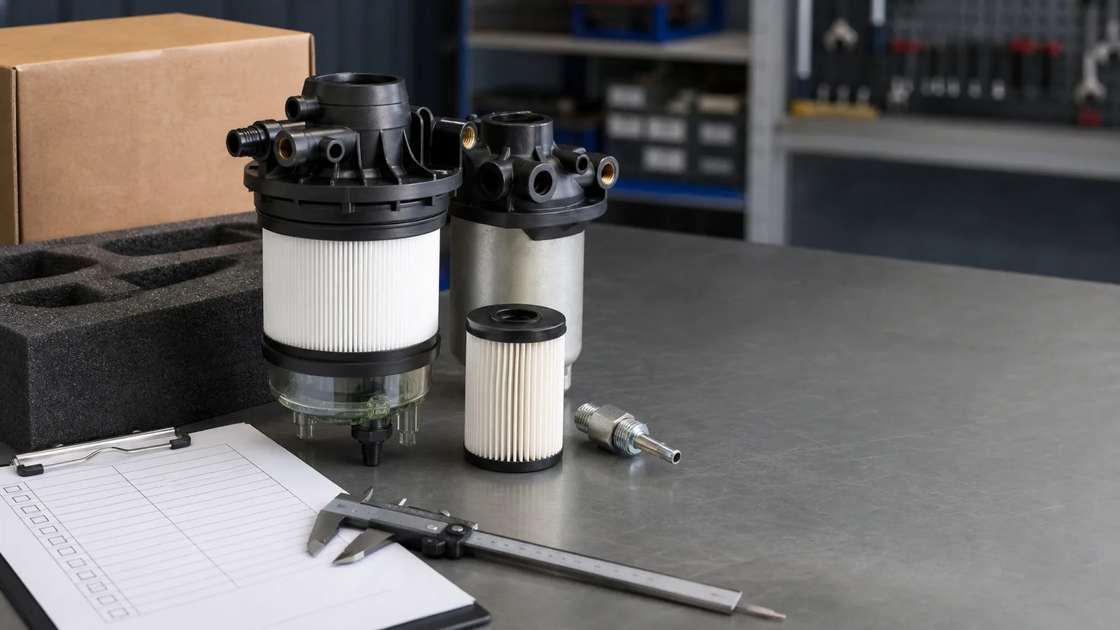 Photorealistic parts-counter bench with unbranded diesel fuel filter water separator components, caliper, foam, carton, and checklist
