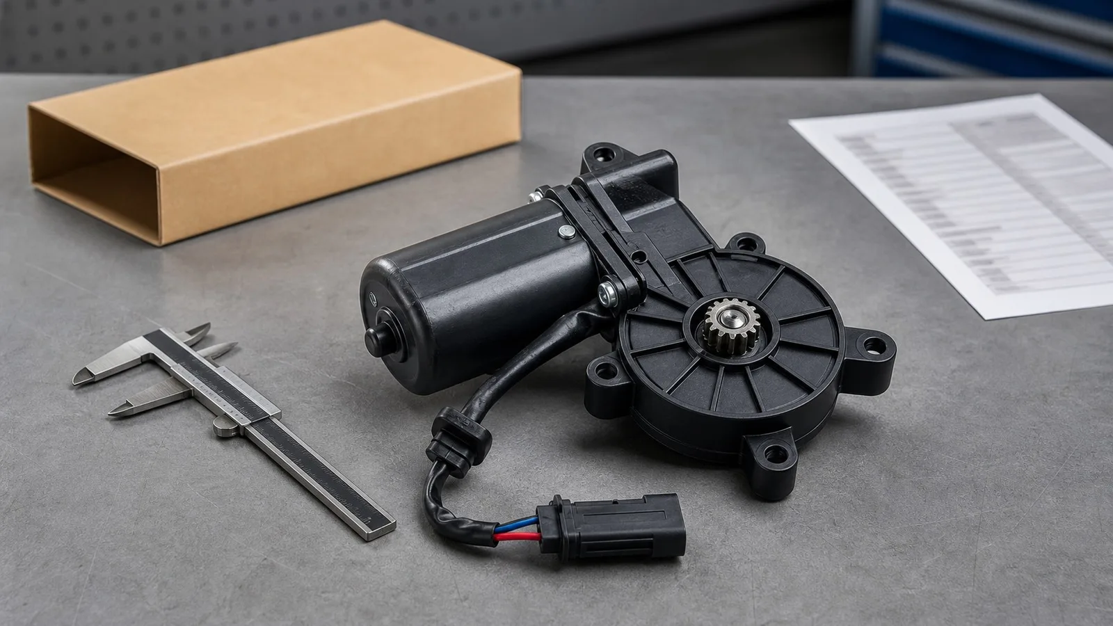 Premium catalog-style image of an unbranded automotive power window motor on a clean export parts workbench.