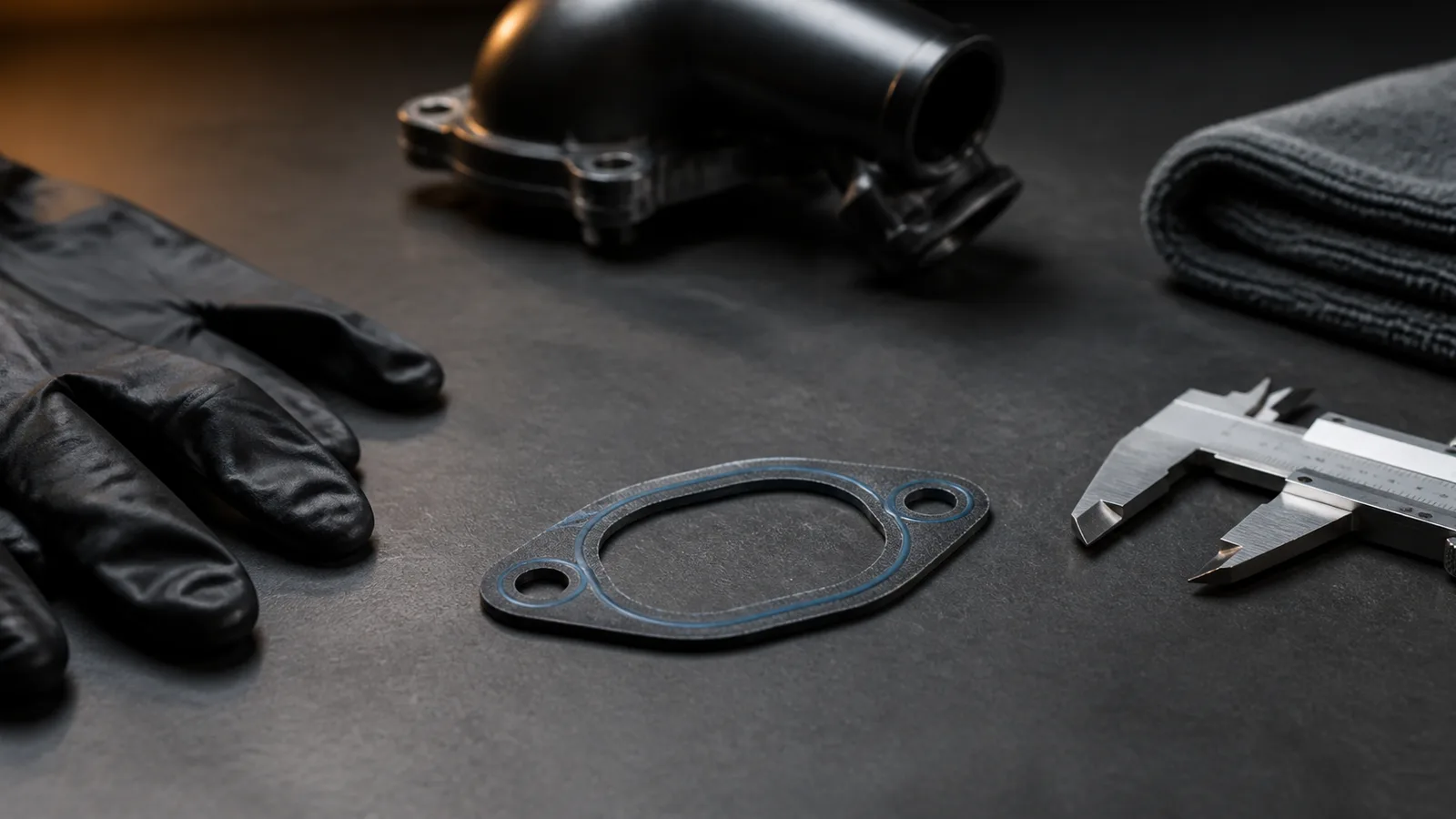 Premium photorealistic automotive workshop scene showing a generic water outlet gasket for TAP Auto Parts cooling-system fitment checklist