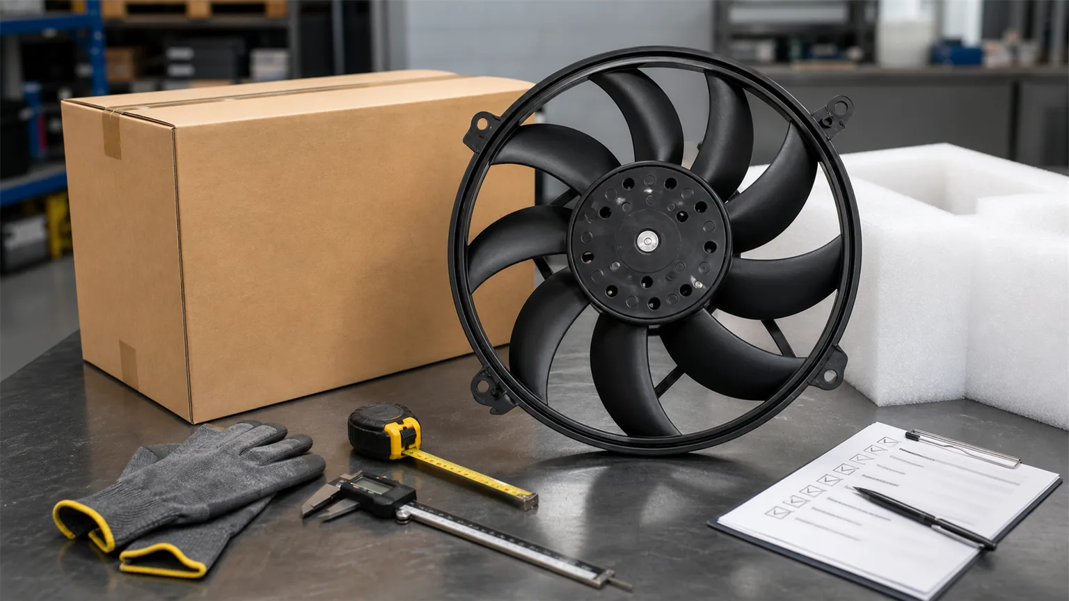 Generic black radiator cooling fan blade on an automotive workshop bench with measuring tools and export packing materials