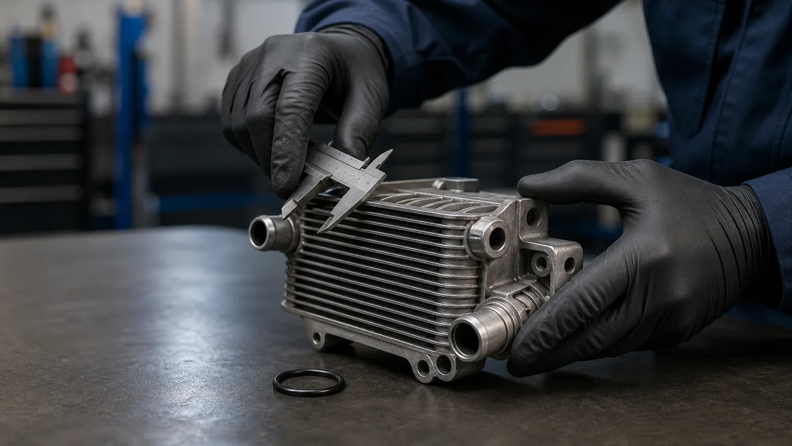 Premium workshop scene showing a Ford Ranger 2.0 automatic transmission oil cooler inspection on a clean service bench