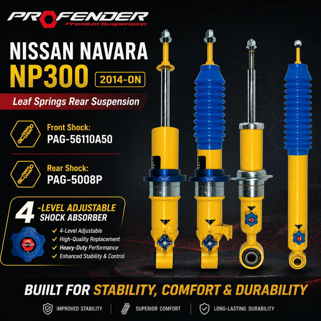 Profender 4-Step Adjustable Shock Absorber Set for Nissan Navara NP300 2014-On Leaf Springs Rear Suspension