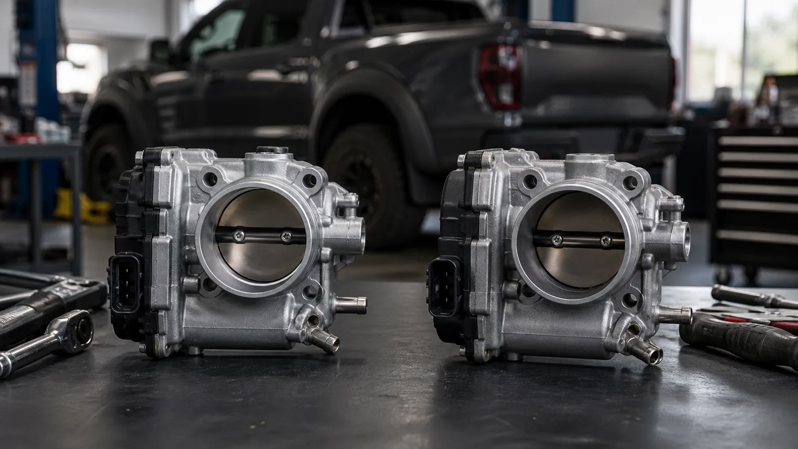 Ford Ranger Raptor T8 2.0 throttle body assembly prepared for workshop bench comparison