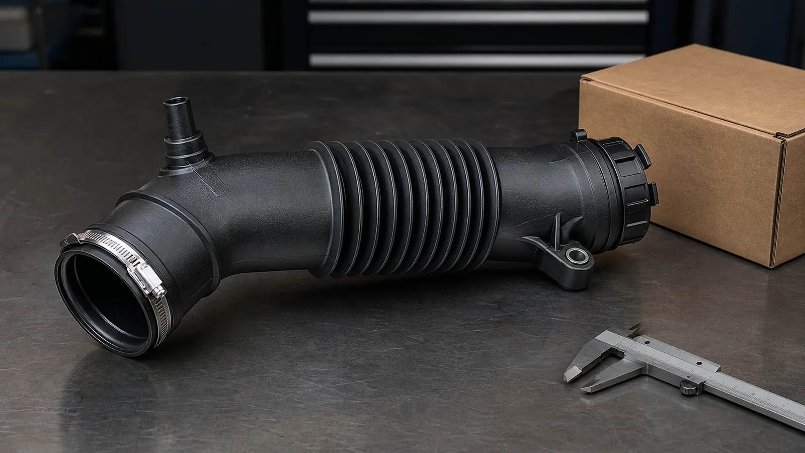 Photorealistic export parts workbench with a generic air duct hose, caliper, clamps, carton, and inspection paperwork