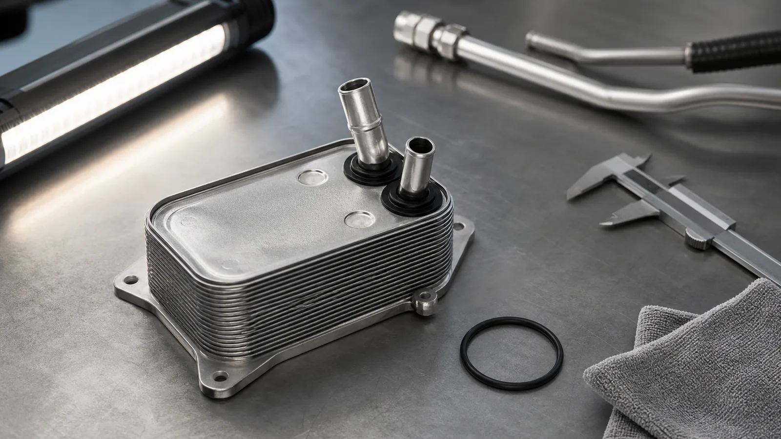Ford Ranger transmission oil cooler and O-ring arranged beside clean cooler-line inspection tools