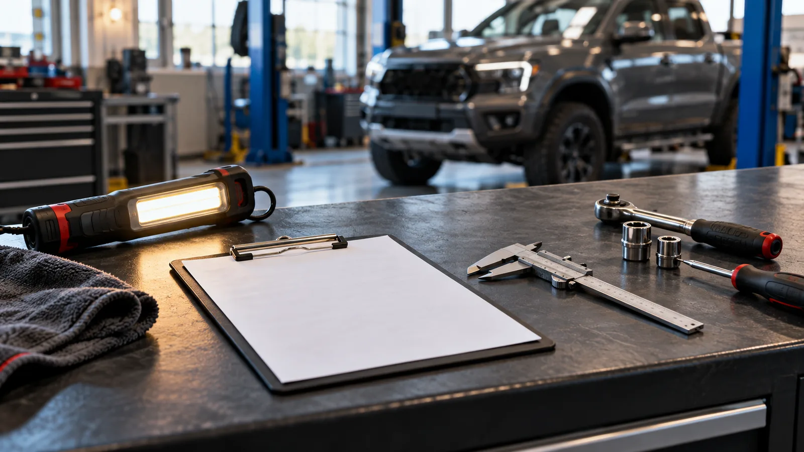 A premium unbranded automotive workshop intake scene with a clipboard, inspection light and neatly arranged generic hand tools beside a softly blurred pickup truck.