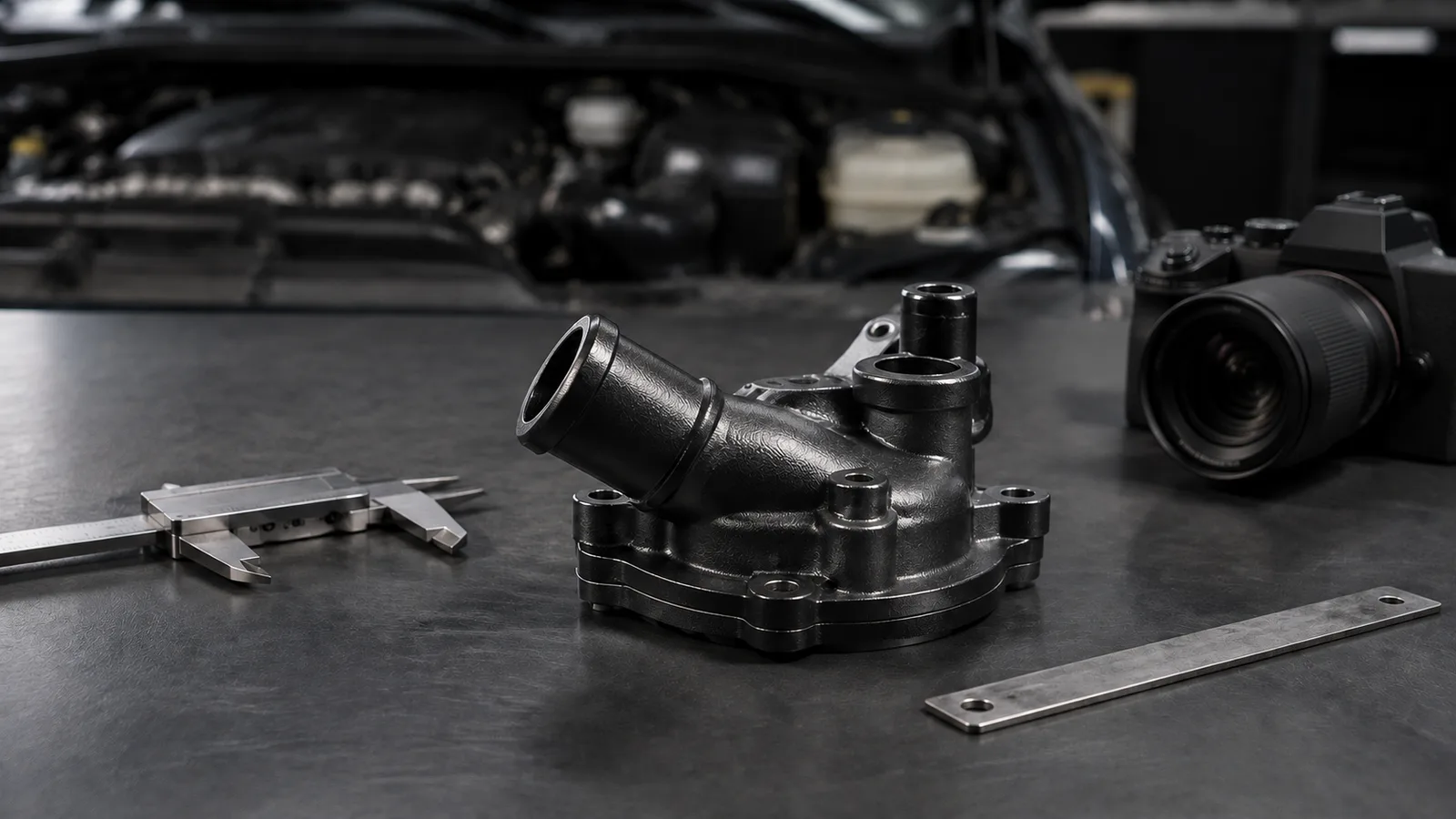 Premium photorealistic 16:9 editorial workshop cover showing a clean dark metal lower water outlet housing on a spotless mechanic's bench beside calipers, a ruler, and a camera, with a softly blurred engine-bay background, controlled natural side lighting, realistic material texture, deep neutral tones, generous negative space, no people, no title text, no fake UI, no prices, no labels, no logos, no certifications, no unsupported claims, no collage, no placeholder, no rough cutout